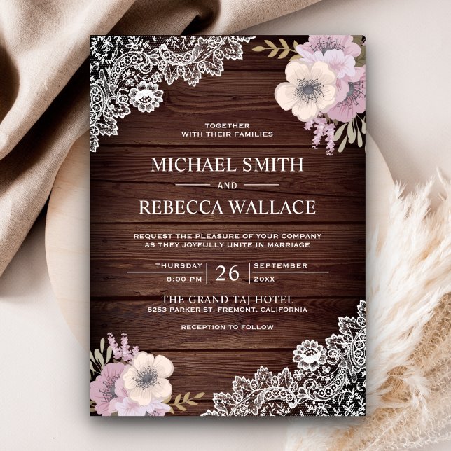 Rustic Country Chic Wood Lace Pink Floral Wedding Invitation (Creator Uploaded)