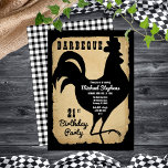 Rustic Country Chicken BBQ 21st Birthday Party Invitation<br><div class="desc">Rustic farmhouse style with aged,  torn paper look and black and white buffalo checks as backgrounds for a black rooster silhouette "BARBEQUE" Birthday Party design by Holiday Hearts Designs (rights reserved).</div>