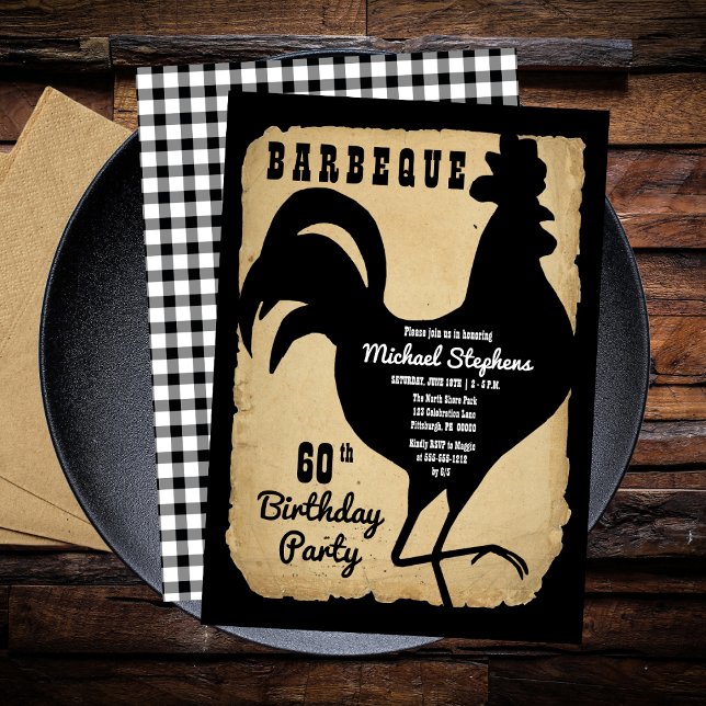 Rustic Country Chicken BBQ 60th Birthday Party  Invitation (Rustic Country Rooster Chicken BBQ 60th Birthday Party Invitation)