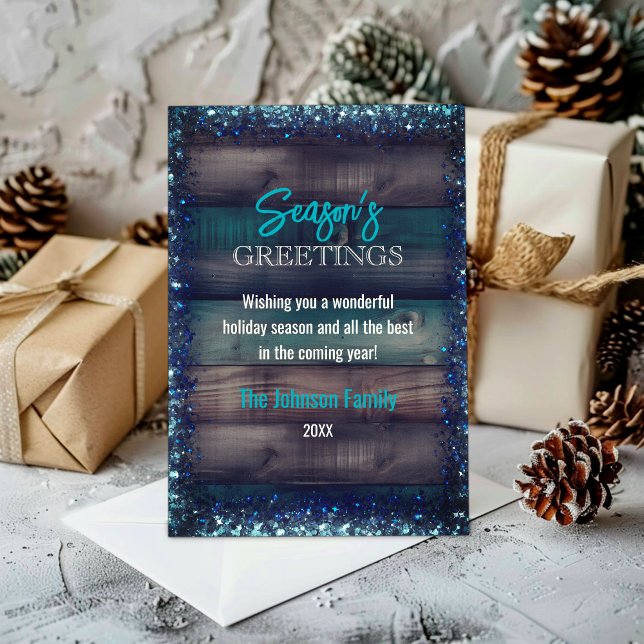 Rustic Country Christmas Holiday blue glitter Card (Creator Uploaded)