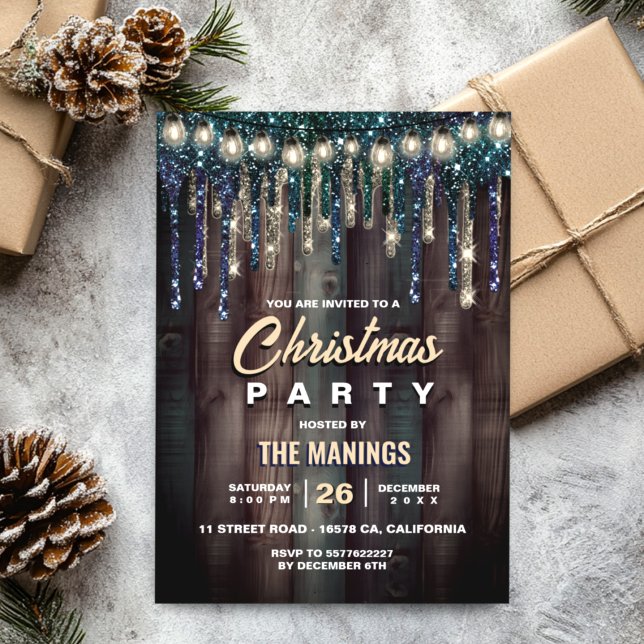 Rustic Country Christmas Holiday Blue glitter drip Invitation (Creator Uploaded)