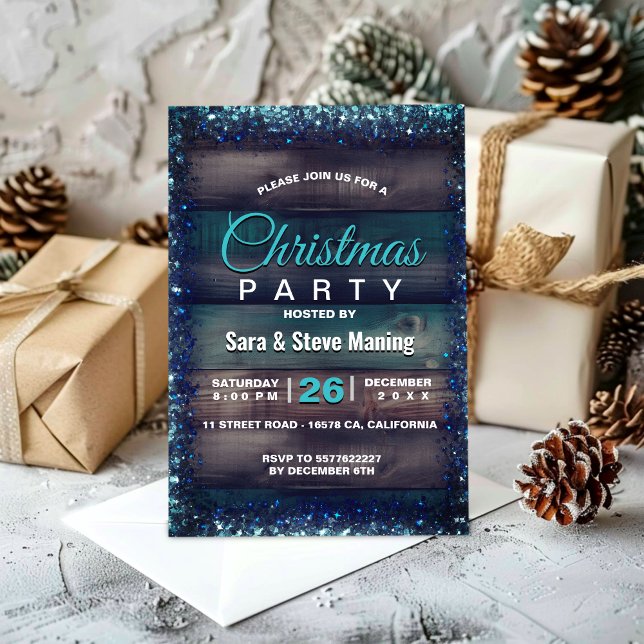 Rustic Country Christmas Holiday blue glitter Invitation (Creator Uploaded)