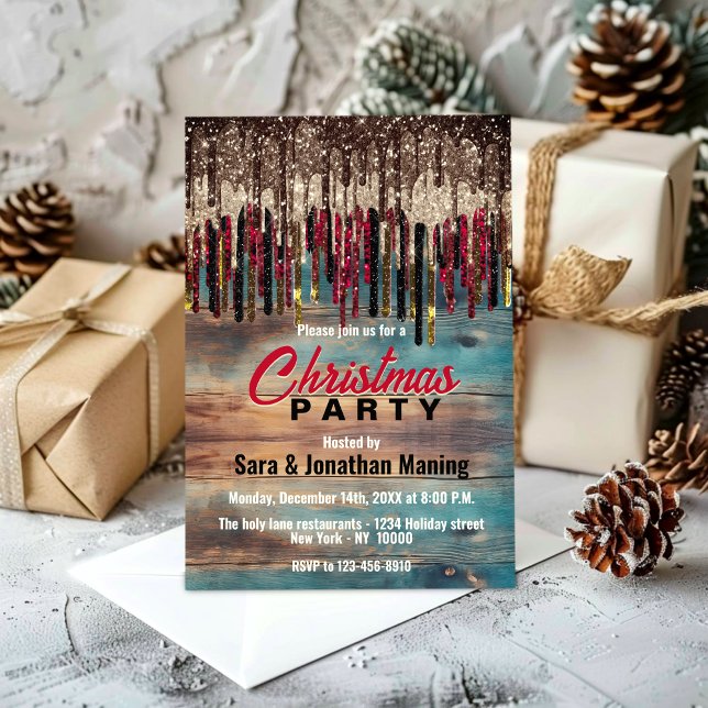 Rustic Country Christmas Holiday red black glitter Invitation (Creator Uploaded)