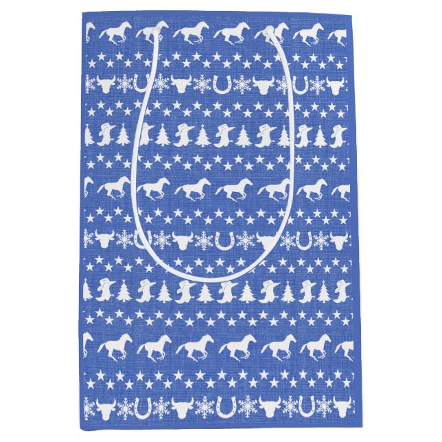 Rustic Country Christmas Horse Pattern Blue Medium Gift Bag (Front)