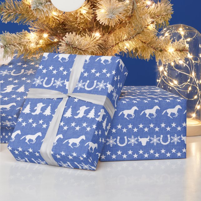 Rustic Country Christmas Horse Pattern Blue Wrapping Paper (Holidays)