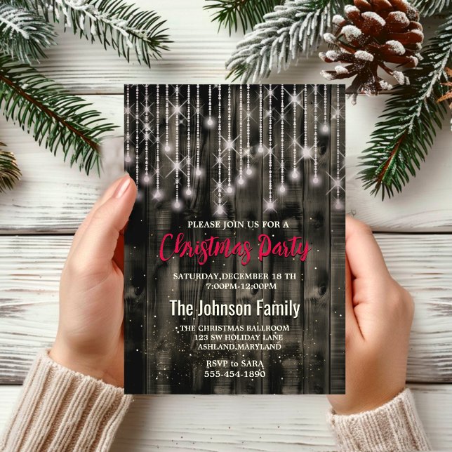 Rustic Country Christmas lights Black Party Invitation (Creator Uploaded)