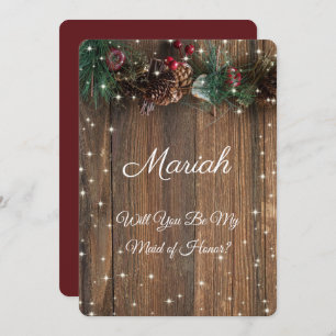 Rustic Country Christmas Pine Garland Wood Snow Invitation