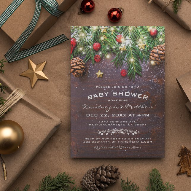 Rustic Country Christmas Tree Ornament Baby Shower Invitation (Creator Uploaded)
