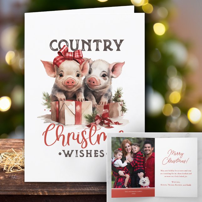 Rustic Country Christmas Wishes Cute Pig Holiday Card (Creator Uploaded)