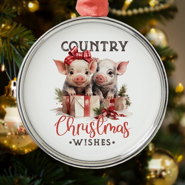 Rustic Country Christmas Wishes Cute Pig Metal Tree Decoration (Creator Uploaded)