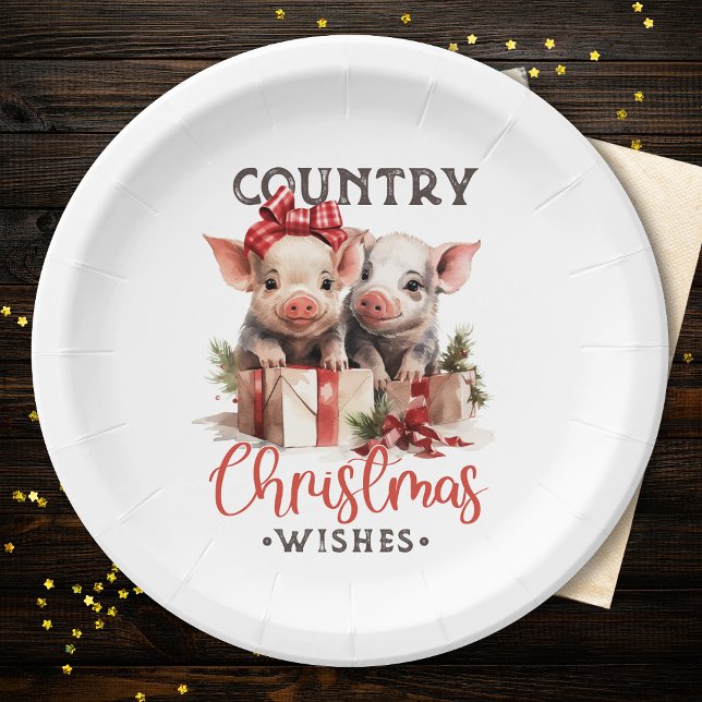Rustic Country Christmas Wishes Cute Pig Paper Plate (Creator Uploaded)