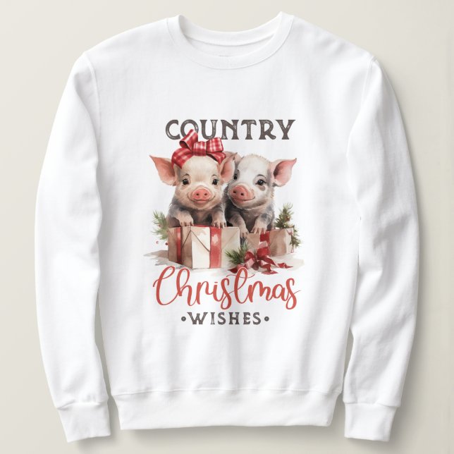 Rustic Country Christmas Wishes Cute Pig Sweatshirt (Design Front)