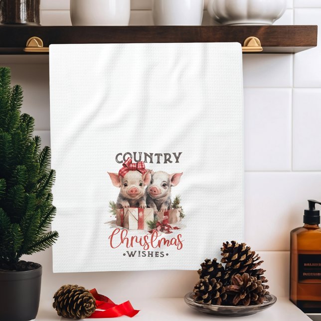 Rustic Country Christmas Wishes Cute Pig Tea Towel (Creator Uploaded)