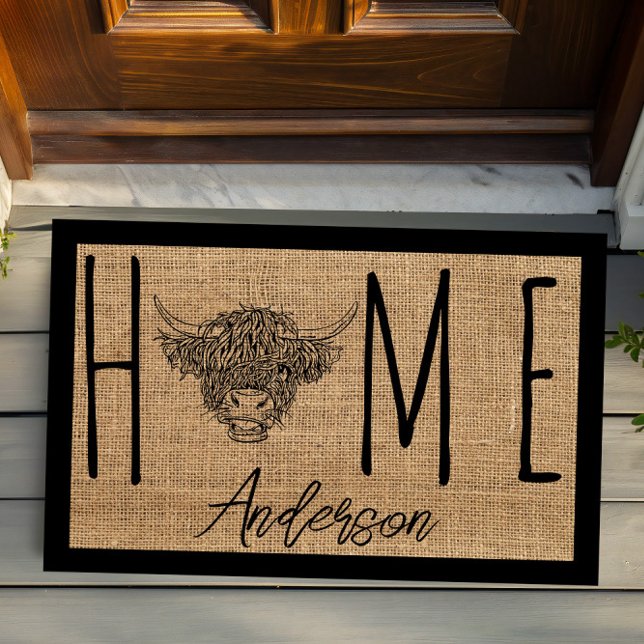 Rustic Country Cool Cow Faux Burlap Family Name Doormat (Creator Uploaded)
