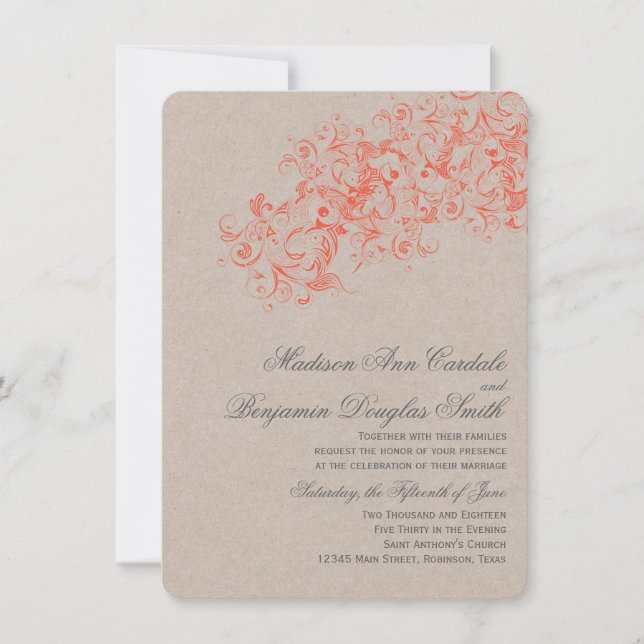Rustic Country Coral Flourish Wedding Invitations (Front)