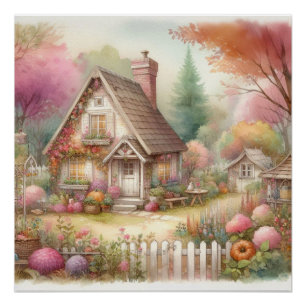 Rustic country cottage floral scenery watercolor poster