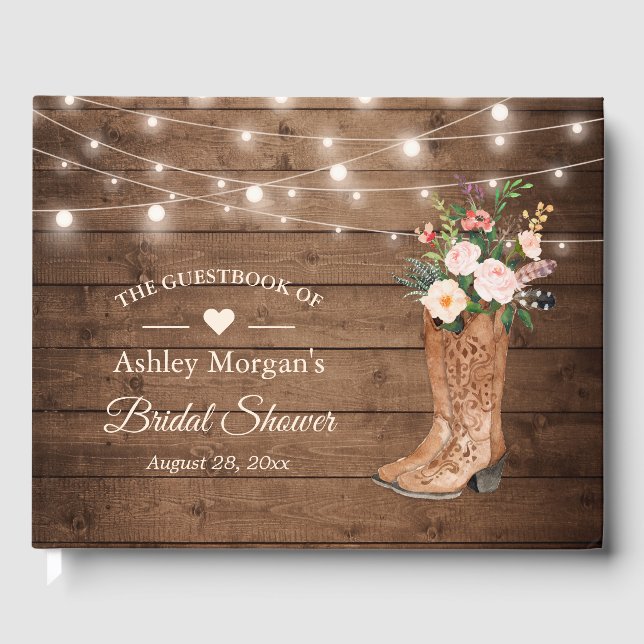 Rustic Country Cowgirl Boots Floral Bridal Shower Guest Book (Front)