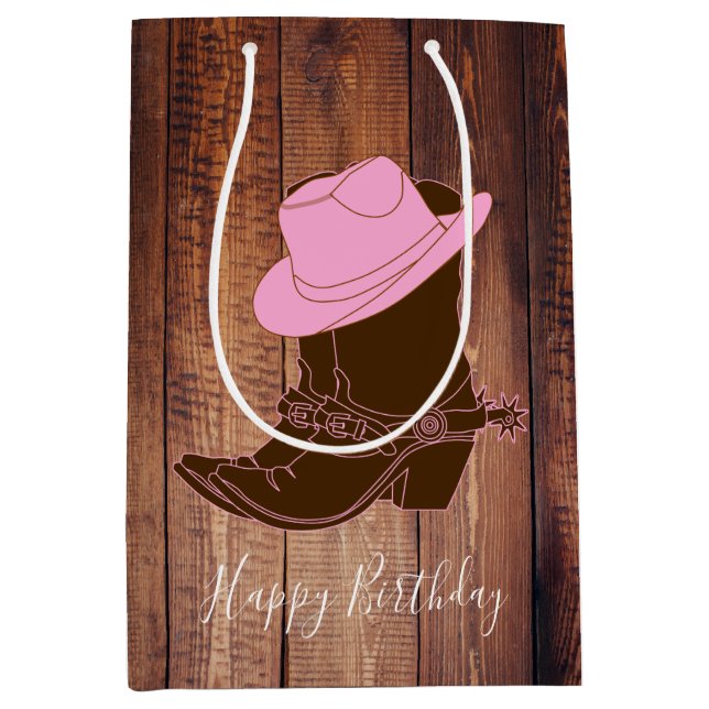 Rustic Country Cowgirl Boots & Hat Barn Wood Plank Medium Gift Bag (Front)