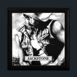 Rustic country custom Name western cowboy keepsake Gift Box<br><div class="desc">Rustic country custom Name western cowboy keepsake gift box. Personalised name western cowboy cool wooden trinket, jewellery gift box. Beautiful keepsake wooden box with original fine art charcoal drawing of a handsome masculine cowboy, printed on the lid of the wooden keepsake box. Click Personalise this template to customise the name...</div>