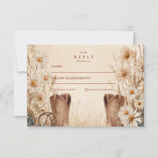 Rustic Country Daisy Boots Wedding RSVP Card (Front)