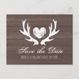 Rustic country deer antler save the date postcards