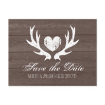 Rustic country deer antler save the date postcards