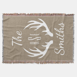 Rustic Country Deer Antlers - Family Name Monogram Throw Blanket