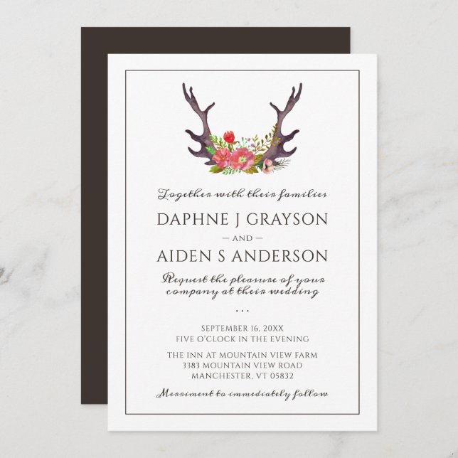 Rustic Country Deer Antlers Floral Wedding Invitation (Front/Back)