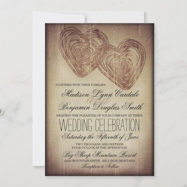 Rustic Country Double Hearts Wood Wedding Invites (Front)