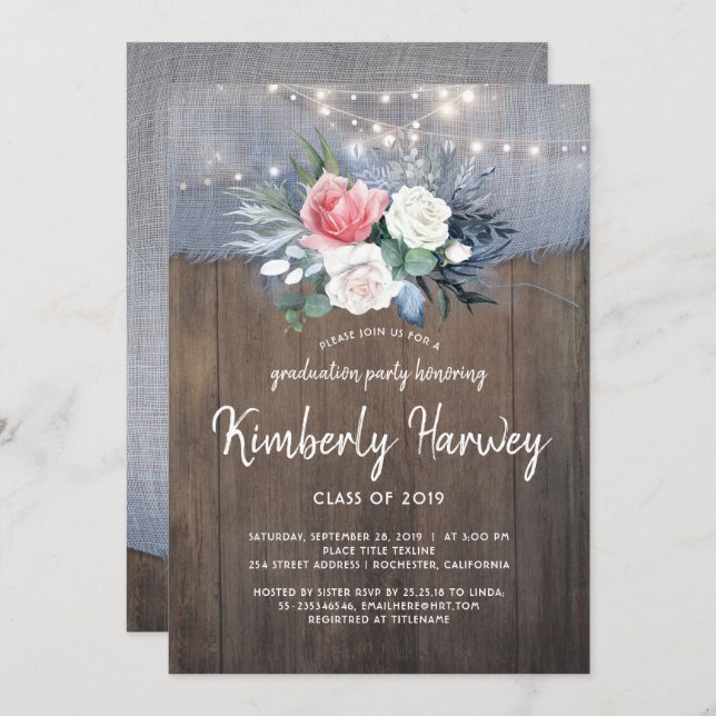 Rustic Country Dusty Blue Floral 2019 Graduation Invitation (Front/Back)