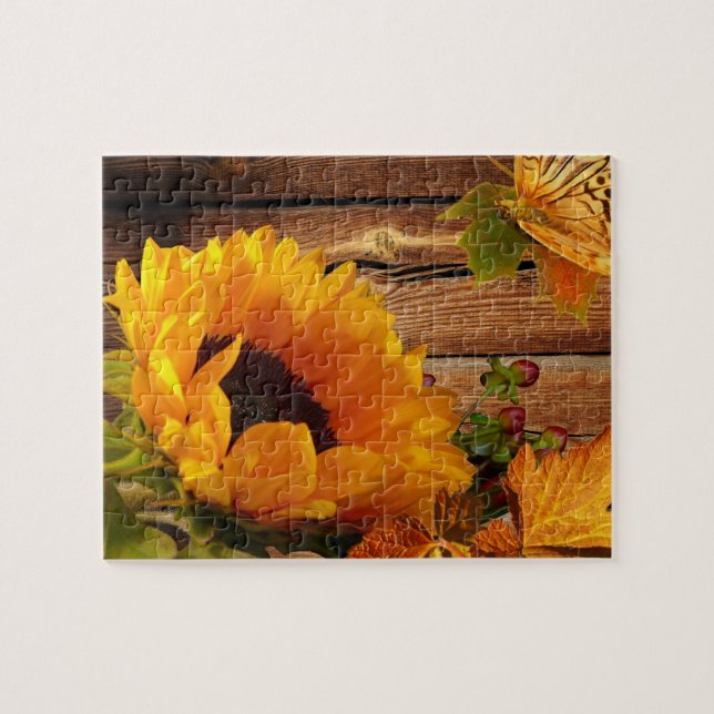 Rustic Country Fall Sunflower Butterfly Foliage Jigsaw Puzzle (Horizontal)