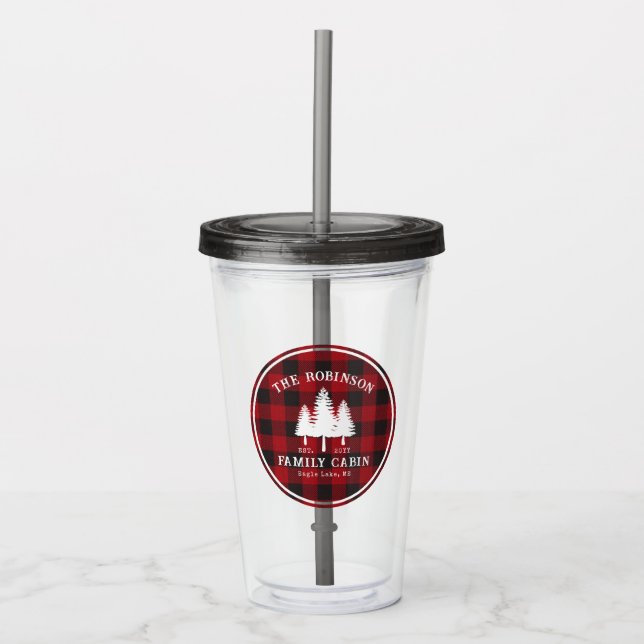 Rustic Country Family Cabin Tree Red Buffalo Plaid Acrylic Tumbler (Front)