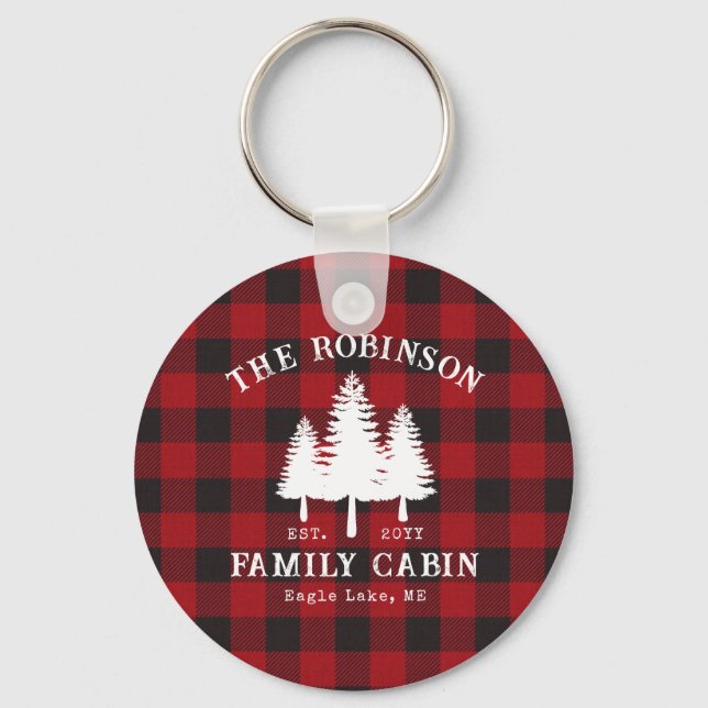 Rustic Country Family Cabin Tree Red Buffalo Plaid Key Ring (Front)