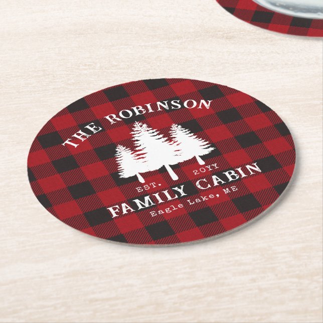 Rustic Country Family Cabin Tree Red Buffalo Plaid Round Paper Coaster (Angled)