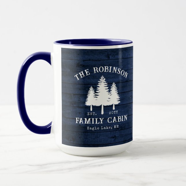 Rustic Country Family Cabin Trees Blue Wood Large Mug (Left)