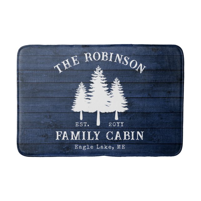 Rustic Country Family Cabin Trees Blue Wood Print Bath Mat (Front)