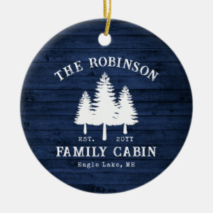 Rustic Country Family Cabin Trees Blue Wood Print Ceramic Tree Decoration