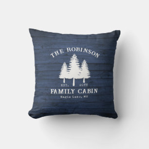 Rustic Country Family Cabin Trees Blue Wood Print Cushion
