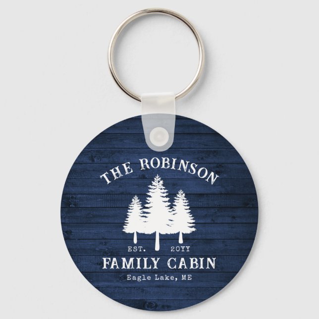 Rustic Country Family Cabin Trees Blue Wood Print Key Ring (Front)