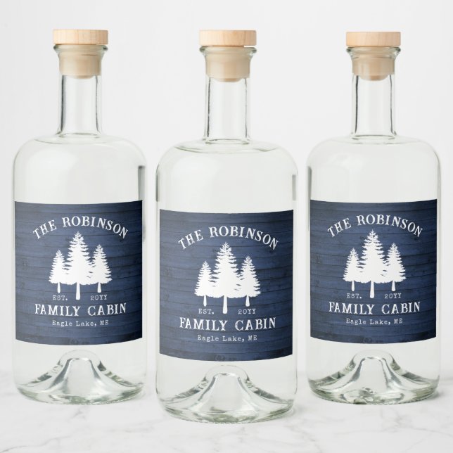 Rustic Country Family Cabin Trees Blue Wood Print Liquor Bottle Label (Bottles)