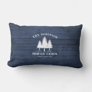 Rustic Country Family Cabin Trees Blue Wood Print Lumbar Cushion