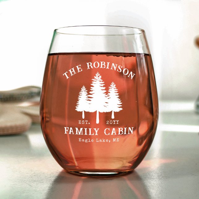 Rustic Country Family Cabin Trees Etched Style Stemless Wine Glass (Creator Uploaded)