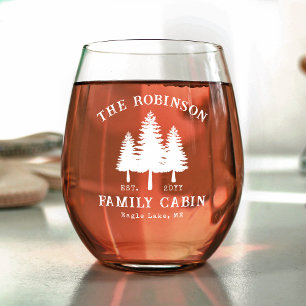Rustic Country Family Cabin Trees Etched Style Stemless Wine Glass