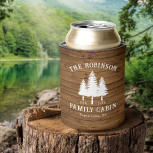 Rustic Country Family Cabin Trees Wood Plank Print Can Cooler