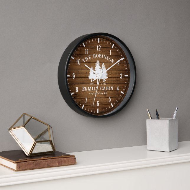 Rustic Country Family Cabin Trees Wood Plank Print Clock (Office)