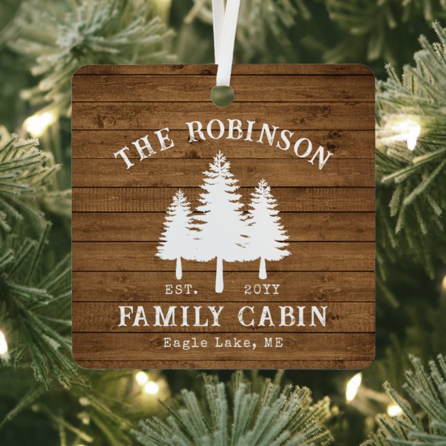Rustic Country Family Cabin Trees Wood Plank Print Metal Tree Decoration (Insitu)