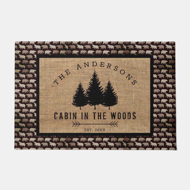 Rustic Country Family Name Cabin in Bear Moose Doormat (Front)