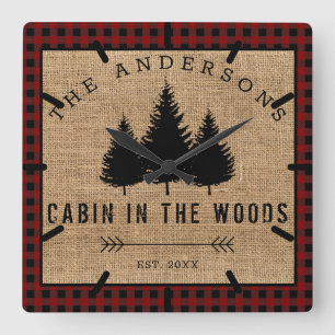 Rustic Country Family Name Cabin in the Woods Square Wall Clock