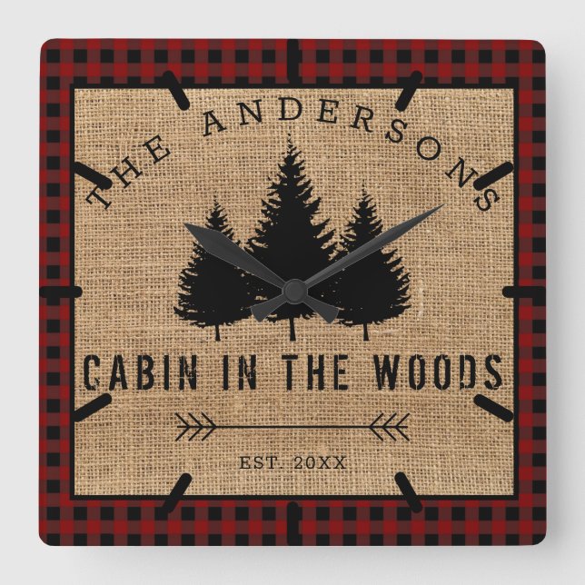 Rustic Country Family Name Cabin in the Woods Square Wall Clock (Front)