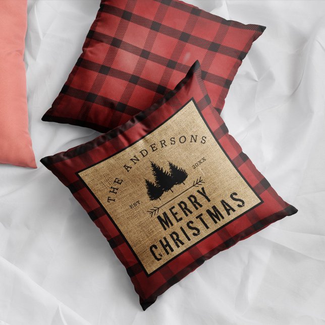 Rustic Country Family Name Merry Christmas Plaid  Cushion (Creator Uploaded)